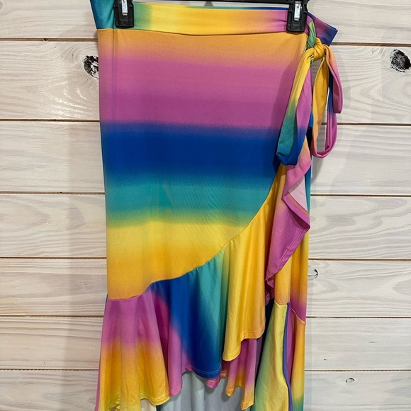 LuLaRoe Midi Wrap Skirt in Yellow and Purple with Ruffled Asymmetrical Hem - Picture 1 of 4